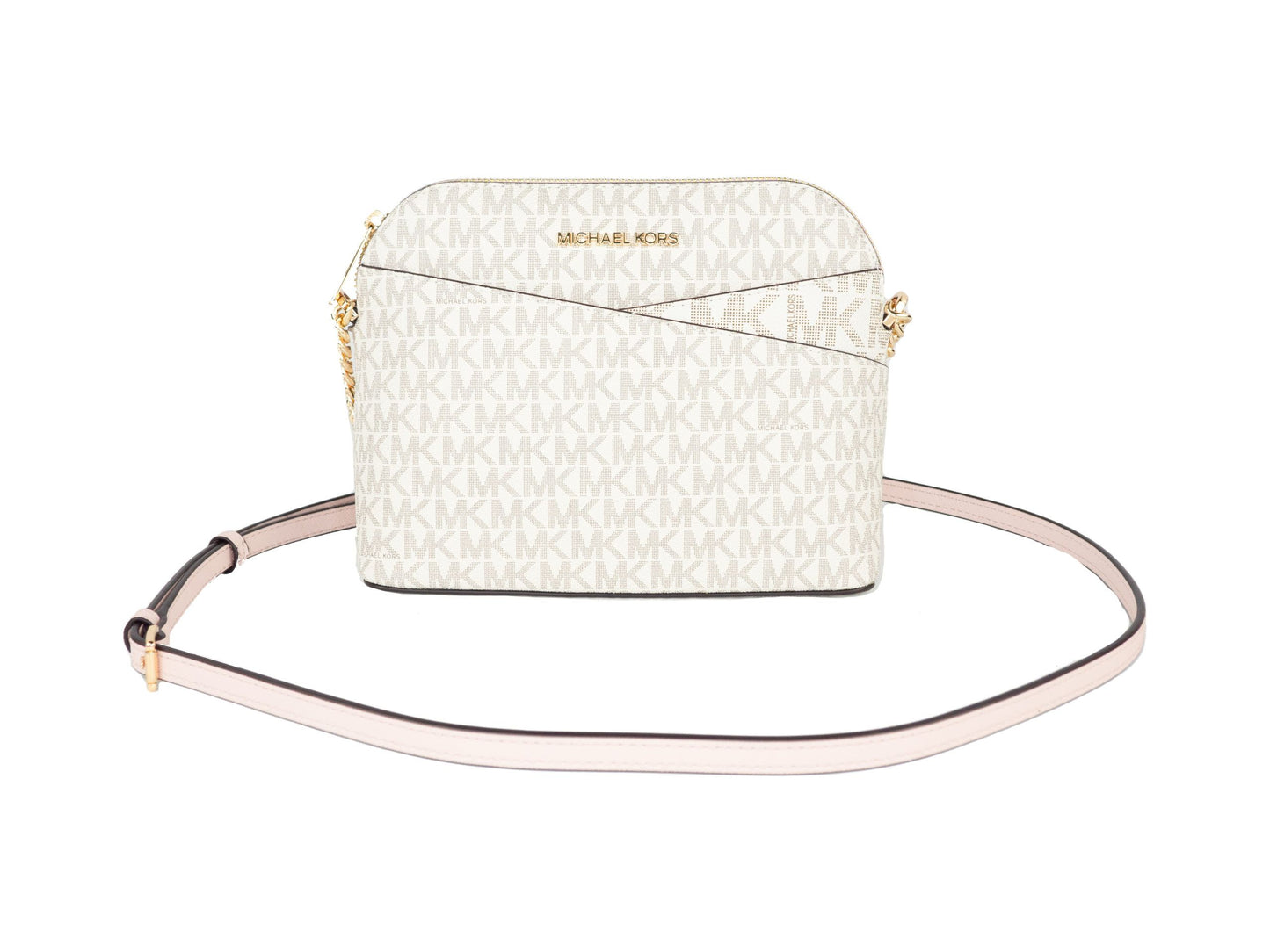 Michael Kors Jet Set Travel Medium Leather X Cross Dome Crossbody Handbag (Vanilla Signature/Powder Blush) Michael Kors