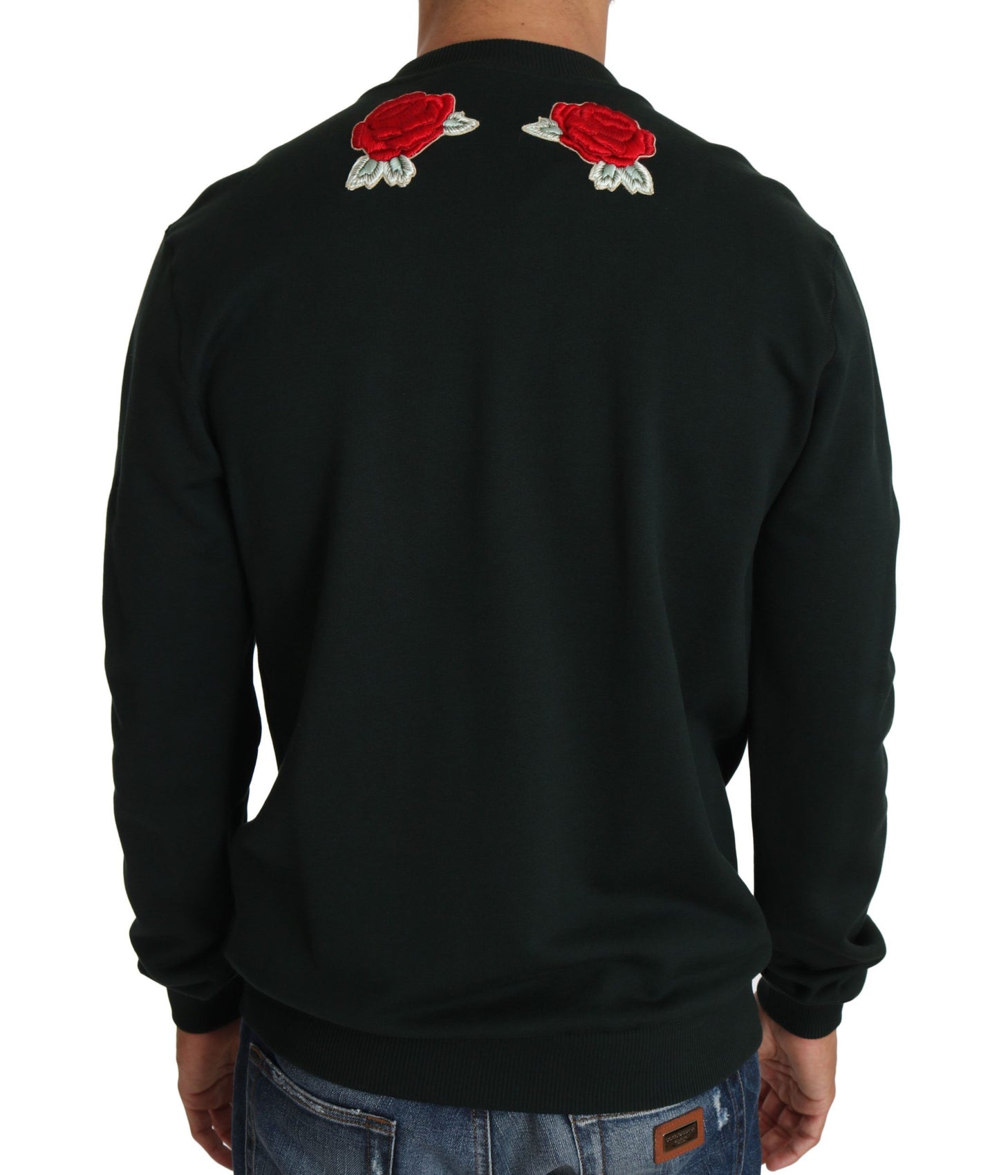 Dolce & Gabbana Emerald Cotton Sweater with Crystal Embroidery Dolce & Gabbana