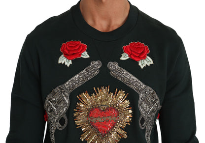 Dolce & Gabbana Emerald Cotton Sweater with Crystal Embroidery Dolce & Gabbana