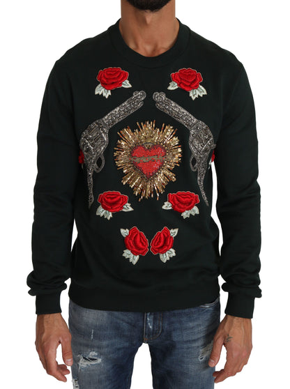 Dolce & Gabbana Emerald Cotton Sweater with Crystal Embroidery Dolce & Gabbana