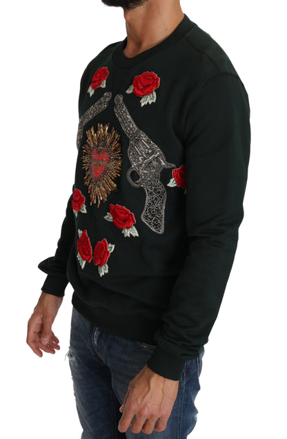 Dolce & Gabbana Emerald Cotton Sweater with Crystal Embroidery Dolce & Gabbana