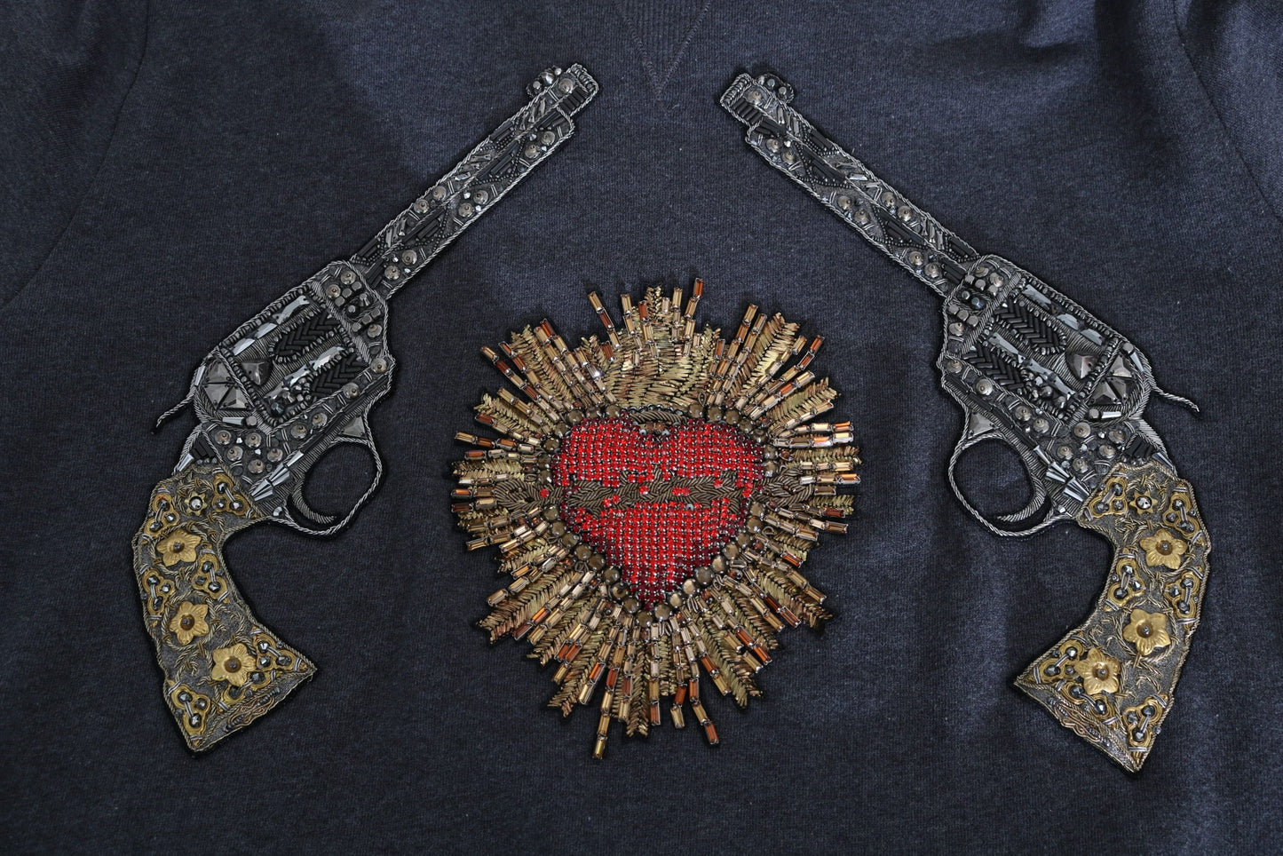 Dolce & Gabbana Gray Crystal Heart Gun Motif Sweater Dolce & Gabbana