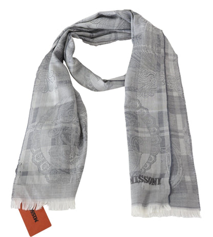 Missoni Chic Unisex Gray Wool Scarf with Logo Embroidery Missoni