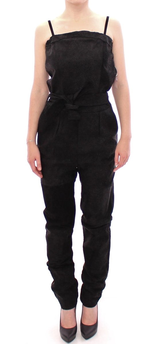 La Maison du Couturier Elegant Black Leather Jumpsuit with Waist Strap La Maison du Couturier