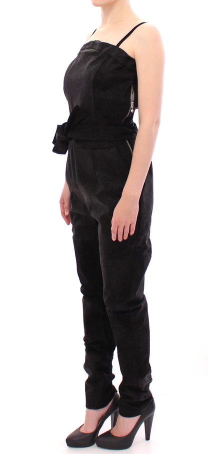 La Maison du Couturier Elegant Black Leather Jumpsuit with Waist Strap La Maison du Couturier