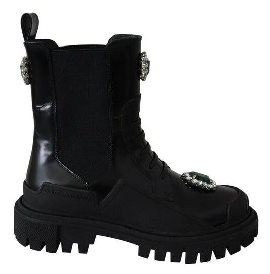 Dolce & Gabbana Elegant Black Leather Combat Boots with Crystal Detail Dolce & Gabbana