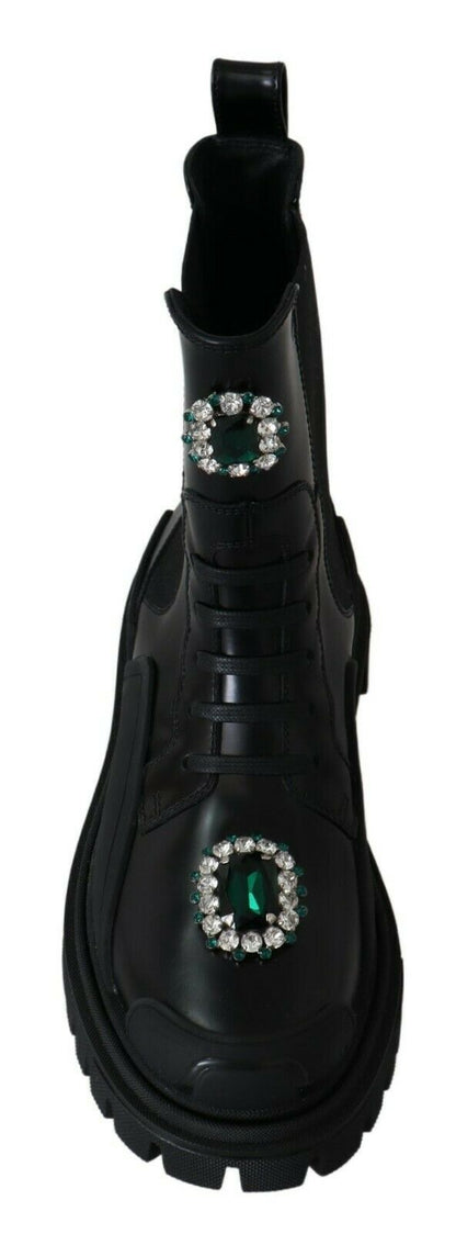 Dolce & Gabbana Elegant Black Leather Combat Boots with Crystal Detail Dolce & Gabbana