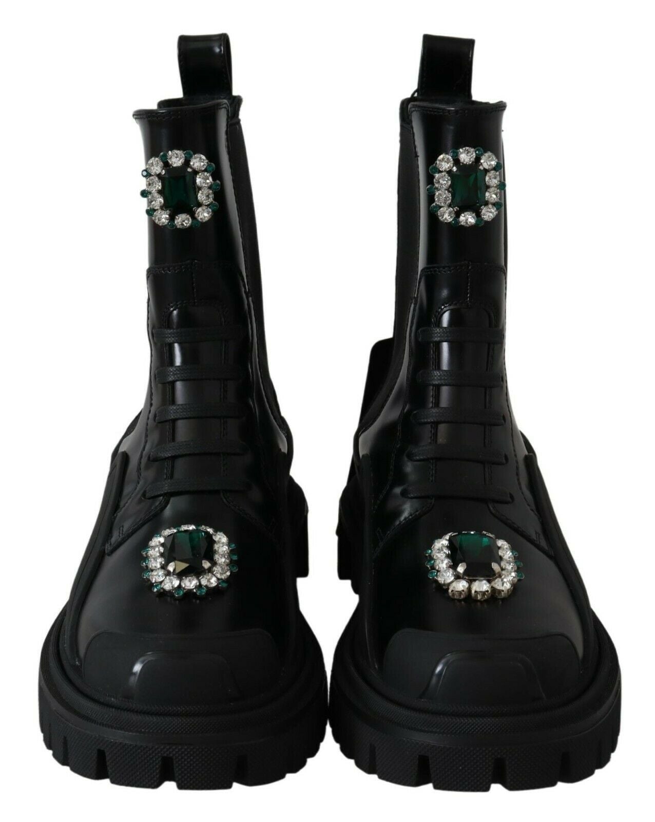 Dolce & Gabbana Elegant Black Leather Combat Boots with Crystal Detail Dolce & Gabbana