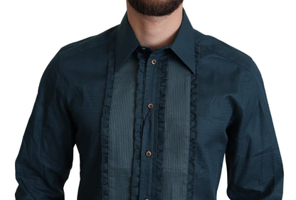 Dolce & Gabbana Elegant Blue Ruffled Tuxedo Shirt Dolce & Gabbana