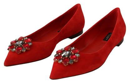 Dolce & Gabbana Crystal Embellished Red Suede Flats Dolce & Gabbana