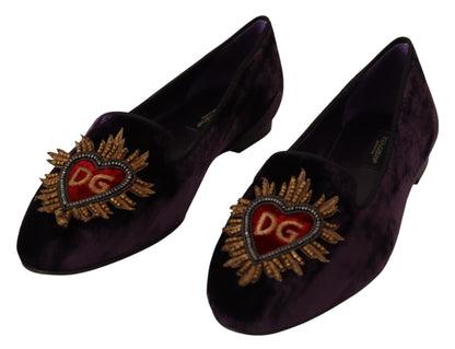 Dolce & Gabbana Chic Purple Velvet Loafers with Heart Detail Dolce & Gabbana