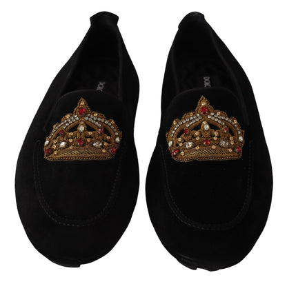 Dolce & Gabbana Elegant Black Leather Loafer Slides with Gold Embroidery Dolce & Gabbana