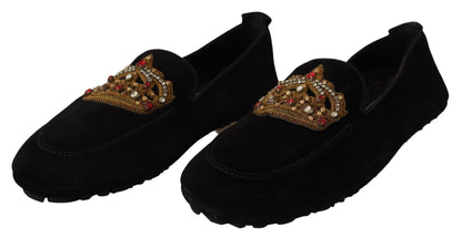 Dolce & Gabbana Elegant Black Leather Loafer Slides with Gold Embroidery Dolce & Gabbana