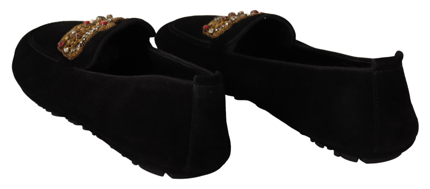 Dolce & Gabbana Elegant Black Leather Loafer Slides with Gold Embroidery Dolce & Gabbana