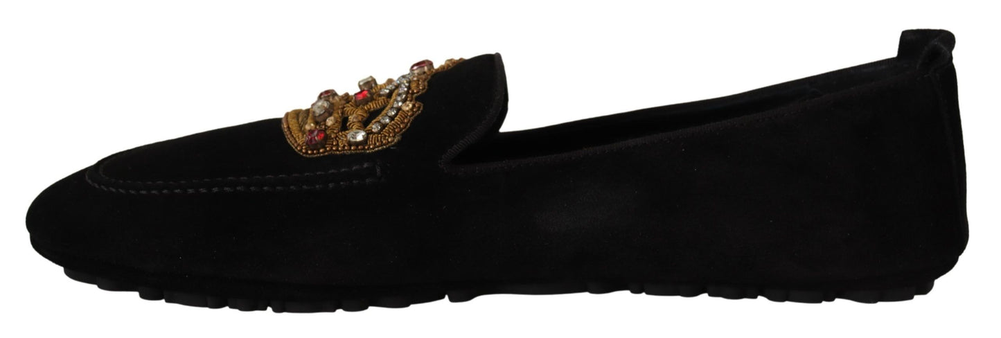 Dolce & Gabbana Elegant Black Leather Loafer Slides with Gold Embroidery Dolce & Gabbana