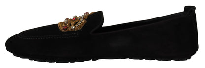 Dolce & Gabbana Elegant Black Leather Loafer Slides with Gold Embroidery Dolce & Gabbana