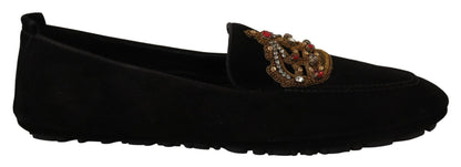 Dolce & Gabbana Elegant Black Leather Loafer Slides with Gold Embroidery Dolce & Gabbana