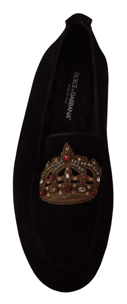 Dolce & Gabbana Elegant Black Leather Loafer Slides with Gold Embroidery Dolce & Gabbana