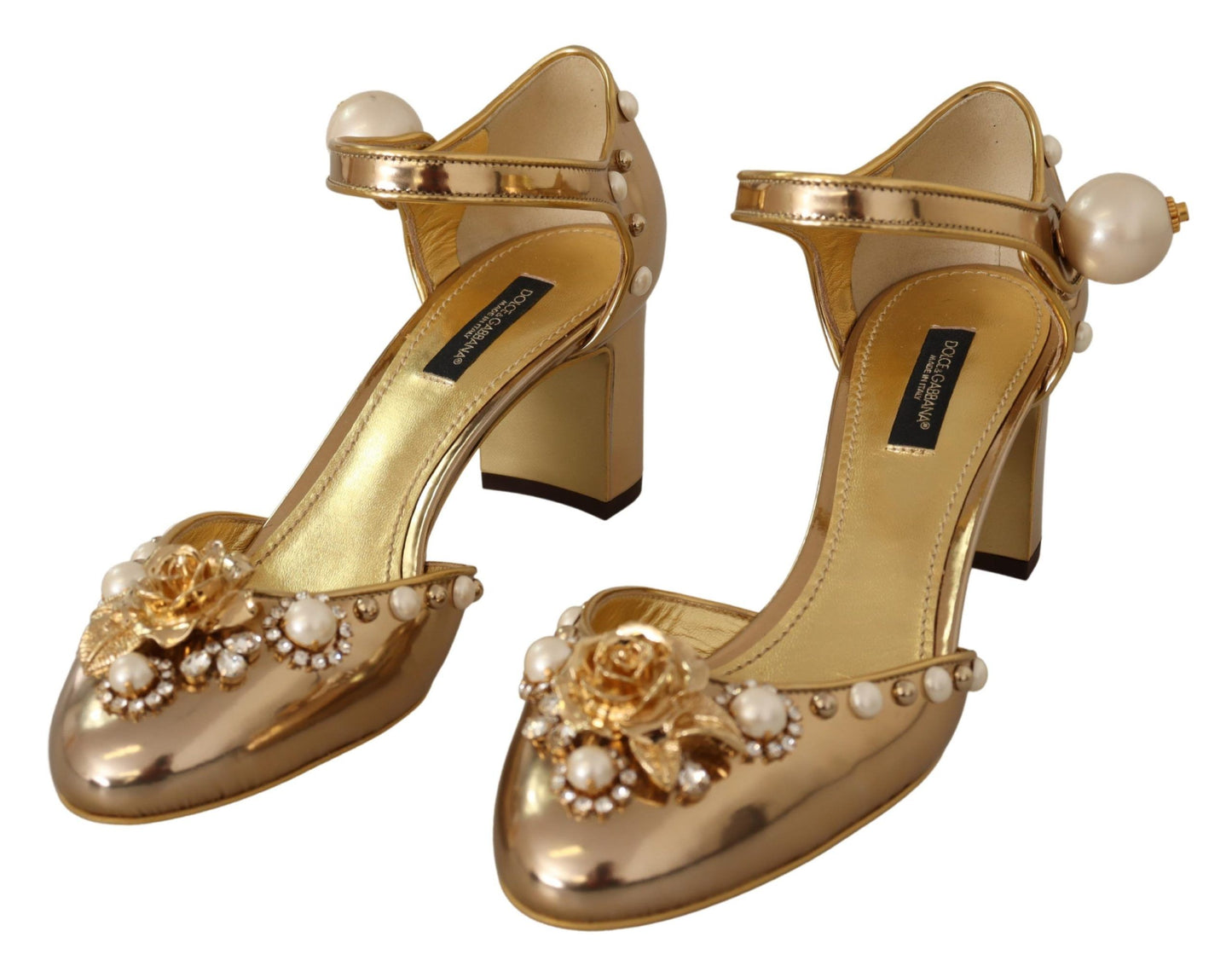 Dolce & Gabbana Elegant Gold Leather Block Heels with Crystals Dolce & Gabbana