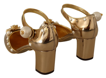 Dolce & Gabbana Elegant Gold Leather Block Heels with Crystals Dolce & Gabbana