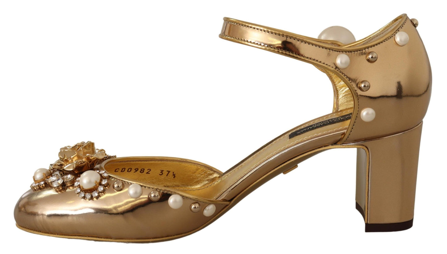 Dolce & Gabbana Elegant Gold Leather Block Heels with Crystals Dolce & Gabbana