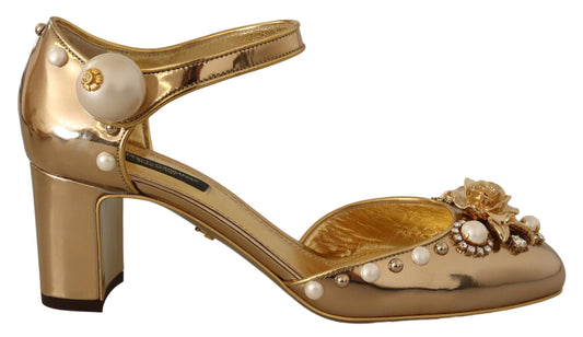 Dolce & Gabbana Elegant Gold Leather Block Heels with Crystals Dolce & Gabbana