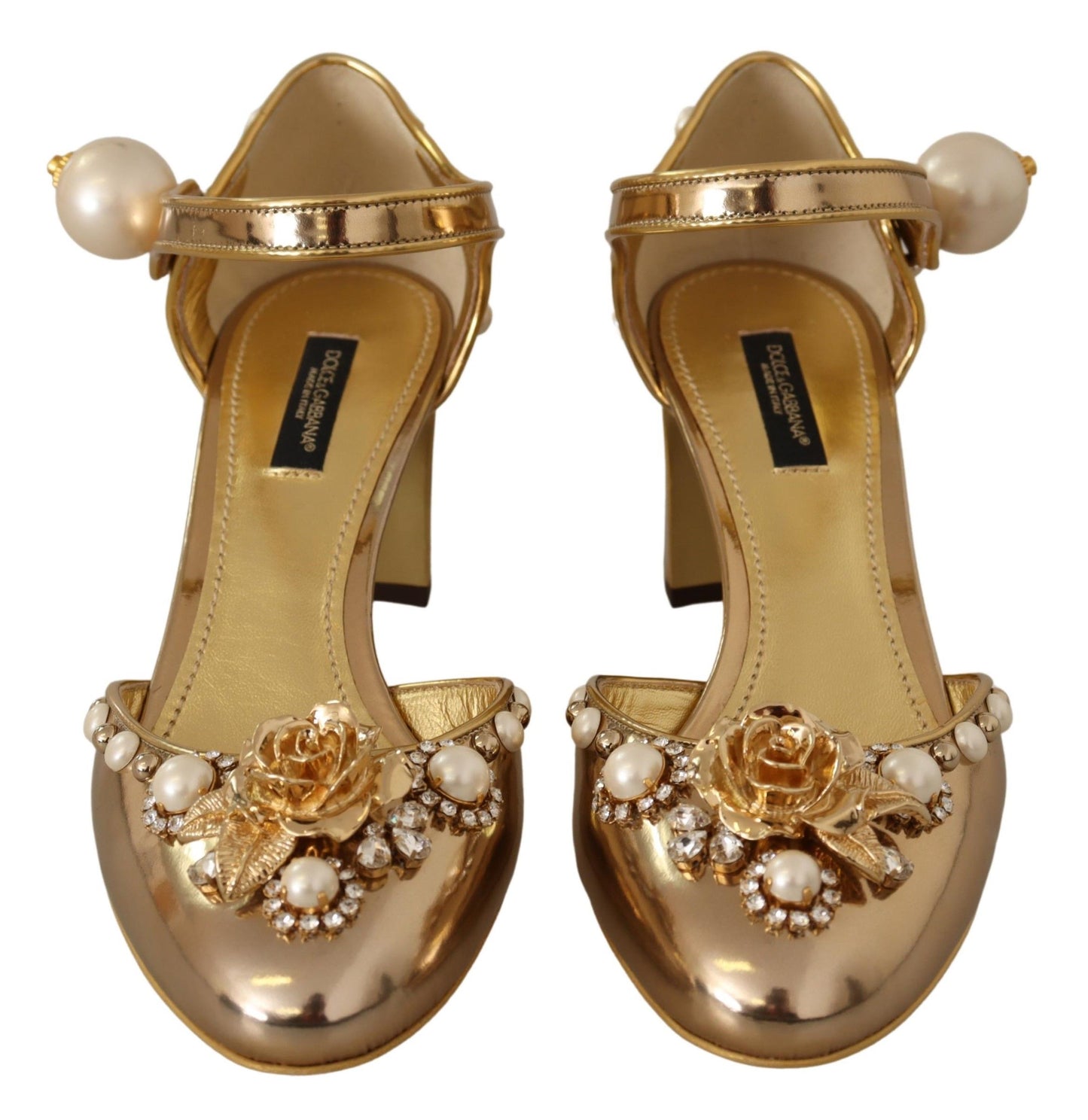 Dolce & Gabbana Elegant Gold Leather Block Heels with Crystals Dolce & Gabbana