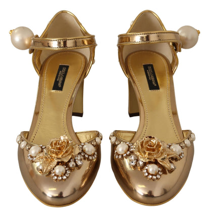 Dolce & Gabbana Elegant Gold Leather Block Heels with Crystals Dolce & Gabbana