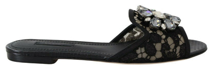 Dolce & Gabbana Elegant Black Lace Mules with Jewel Flower Detail Dolce & Gabbana