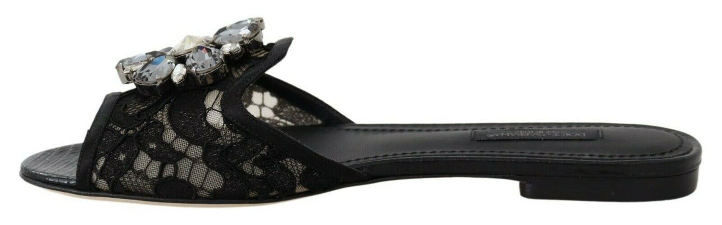 Dolce & Gabbana Elegant Black Lace Mules with Jewel Flower Detail Dolce & Gabbana