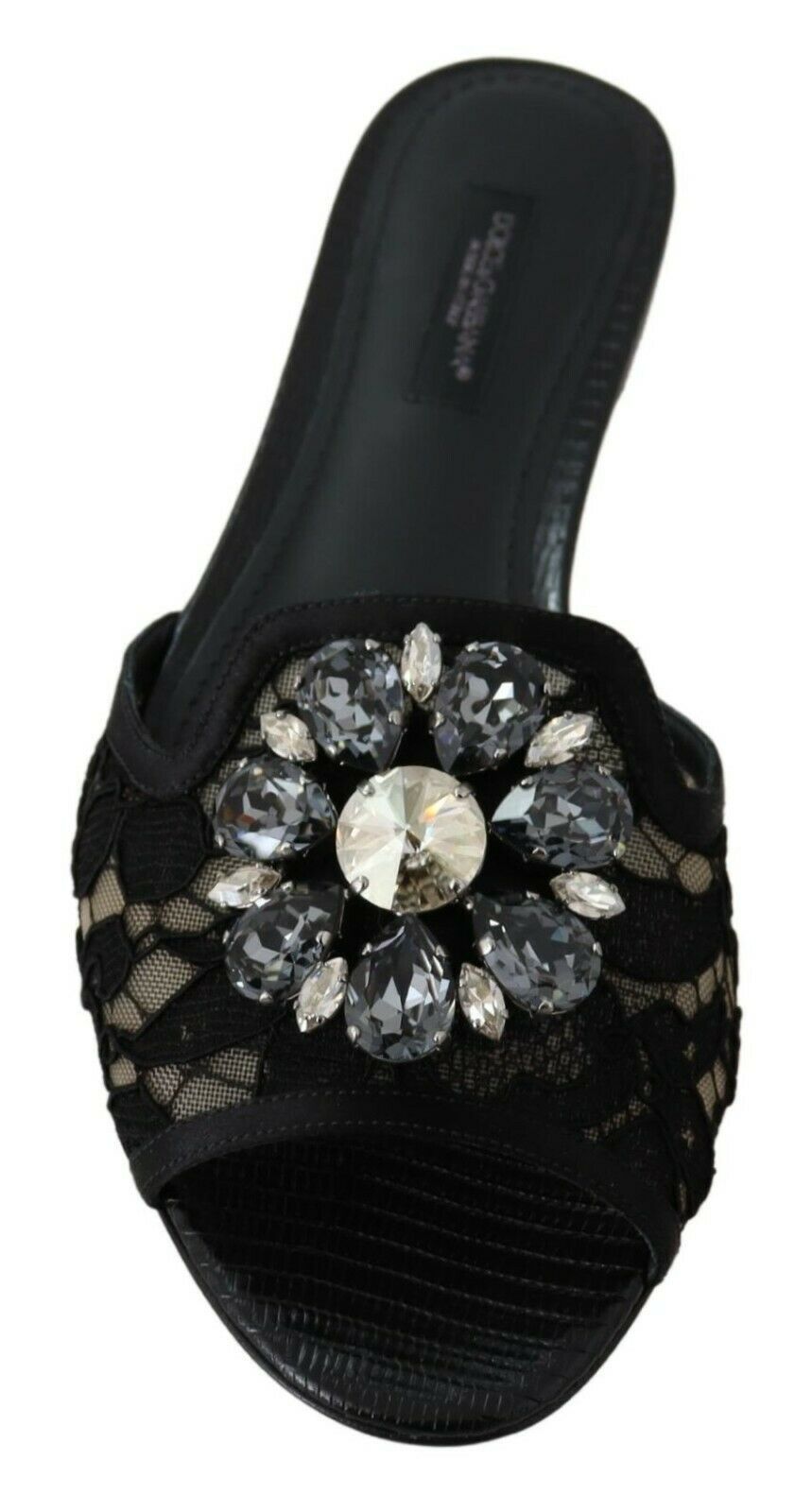 Dolce & Gabbana Elegant Black Lace Mules with Jewel Flower Detail Dolce & Gabbana