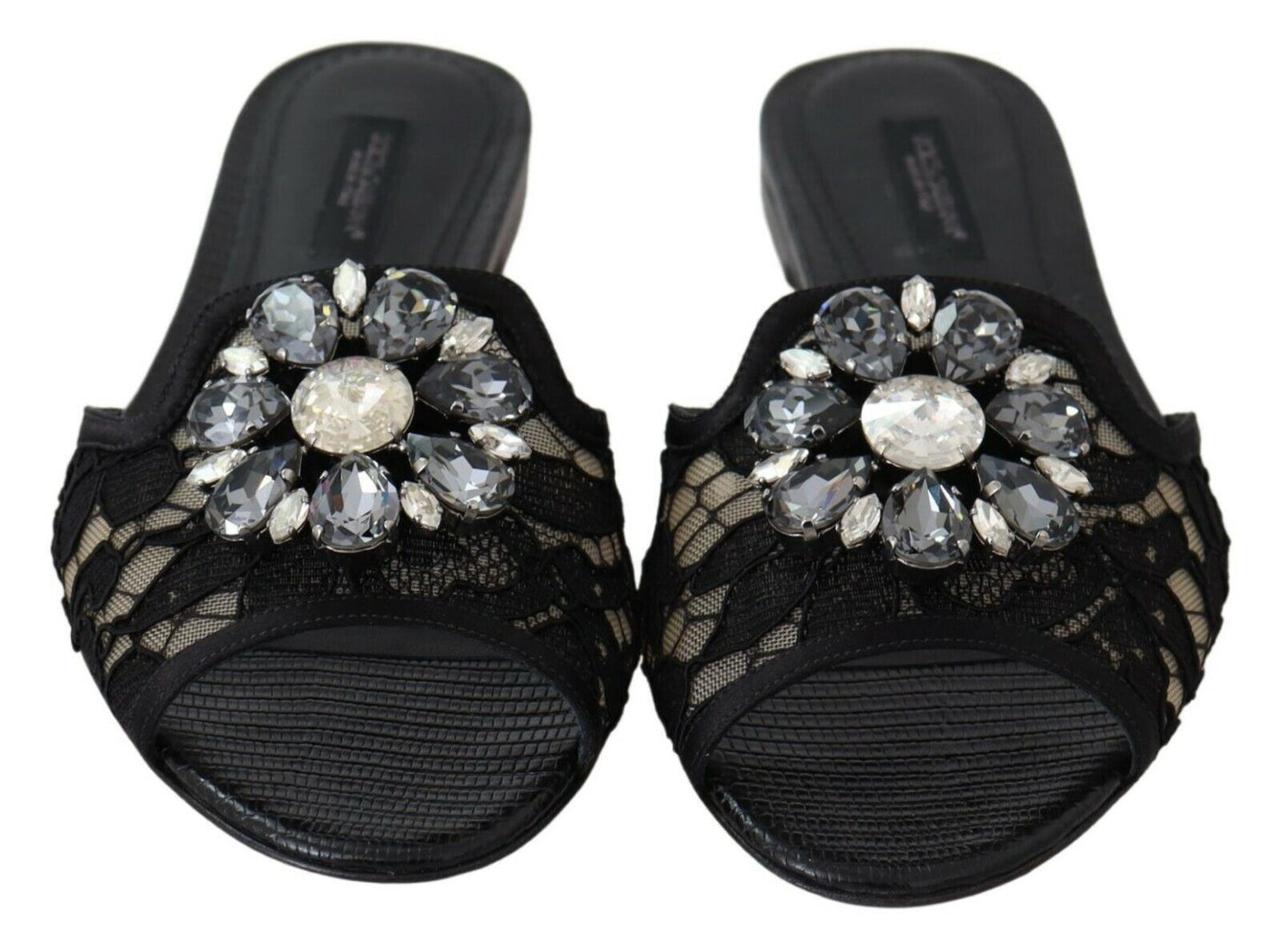 Dolce & Gabbana Elegant Black Lace Mules with Jewel Flower Detail Dolce & Gabbana