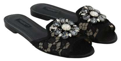 Dolce & Gabbana Elegant Black Lace Mules with Jewel Flower Detail Dolce & Gabbana