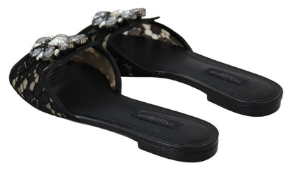 Dolce & Gabbana Elegant Black Lace Mules with Jewel Flower Detail Dolce & Gabbana