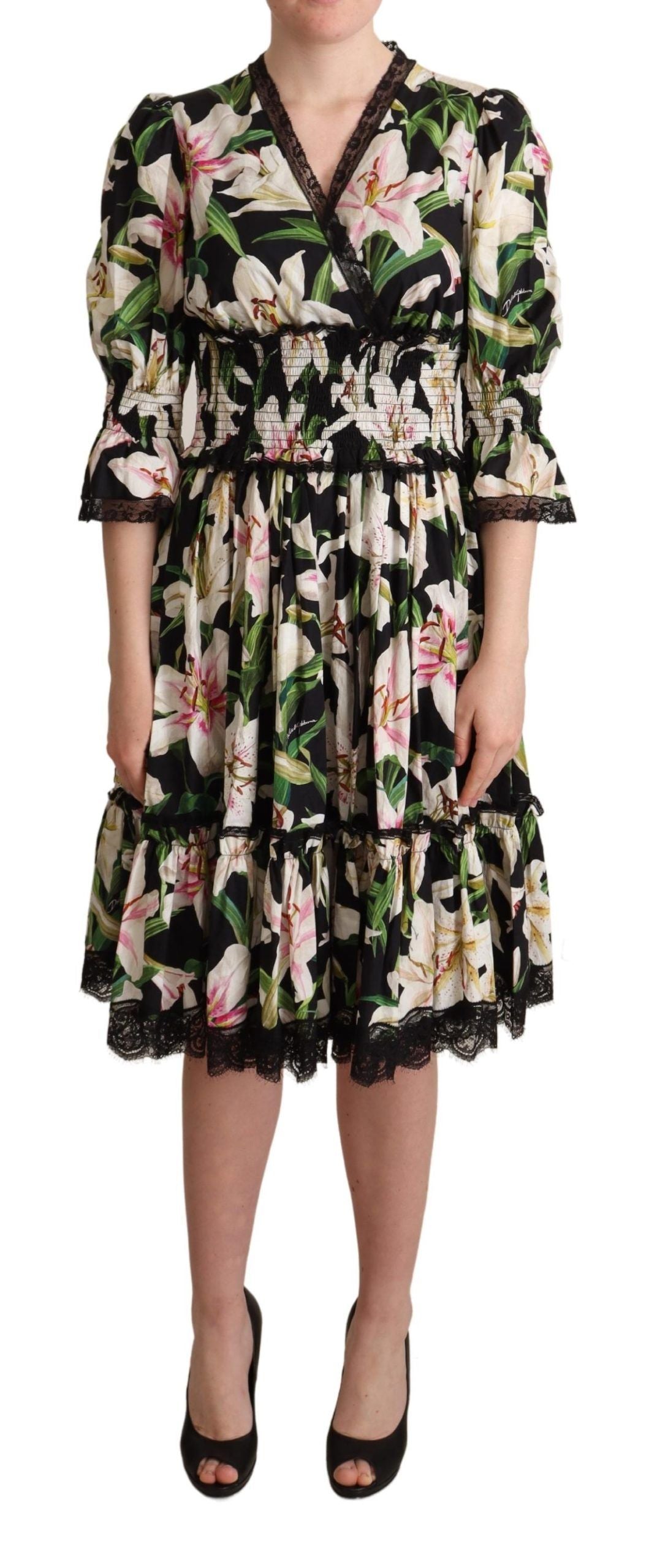 Dolce & Gabbana Elegant Lily Print Midi Dress with Lace Trim Dolce & Gabbana