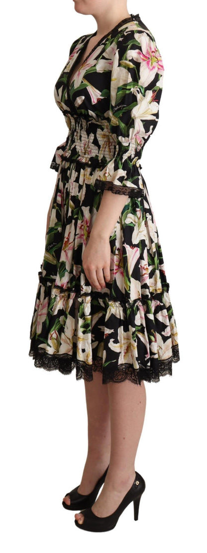 Dolce & Gabbana Elegant Lily Print Midi Dress with Lace Trim Dolce & Gabbana