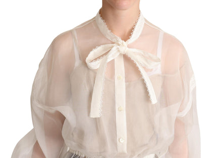 Dolce & Gabbana Elegant White Silk-Cotton Ascot Blouse Dolce & Gabbana