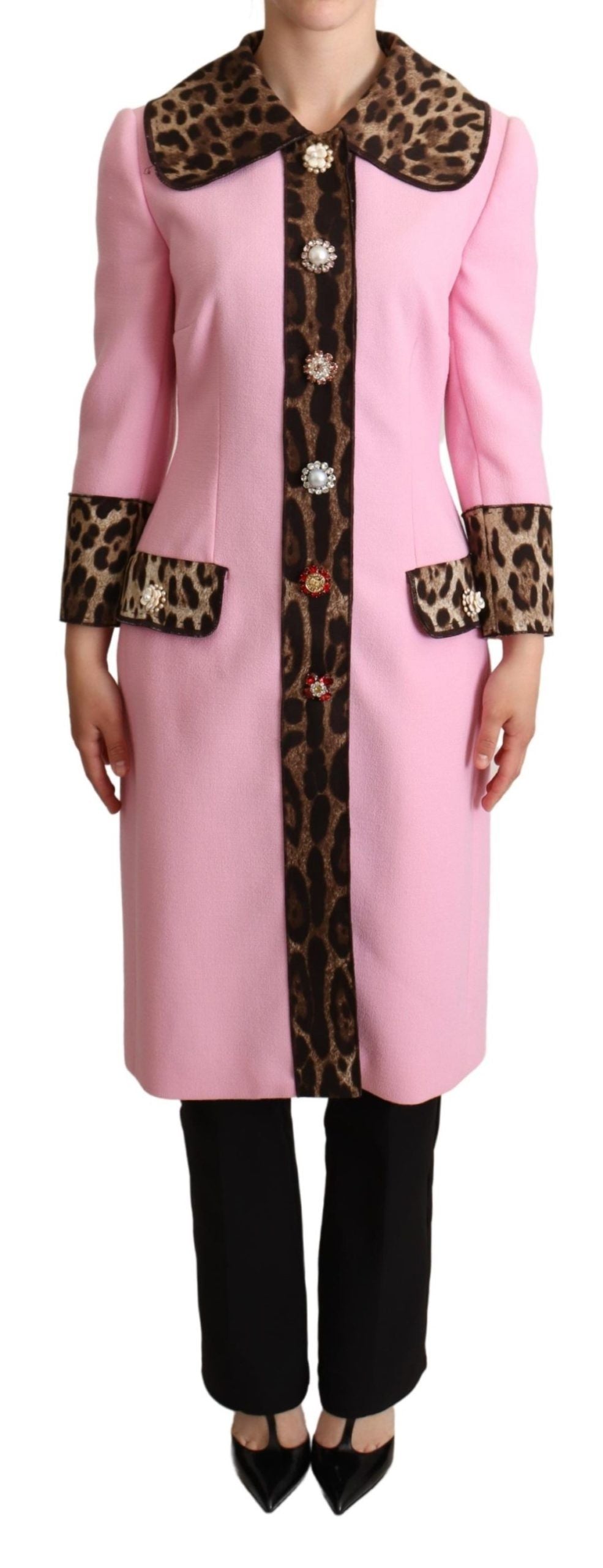 Dolce & Gabbana Chic Pink Leopard Trench with Crystal Buttons Dolce & Gabbana