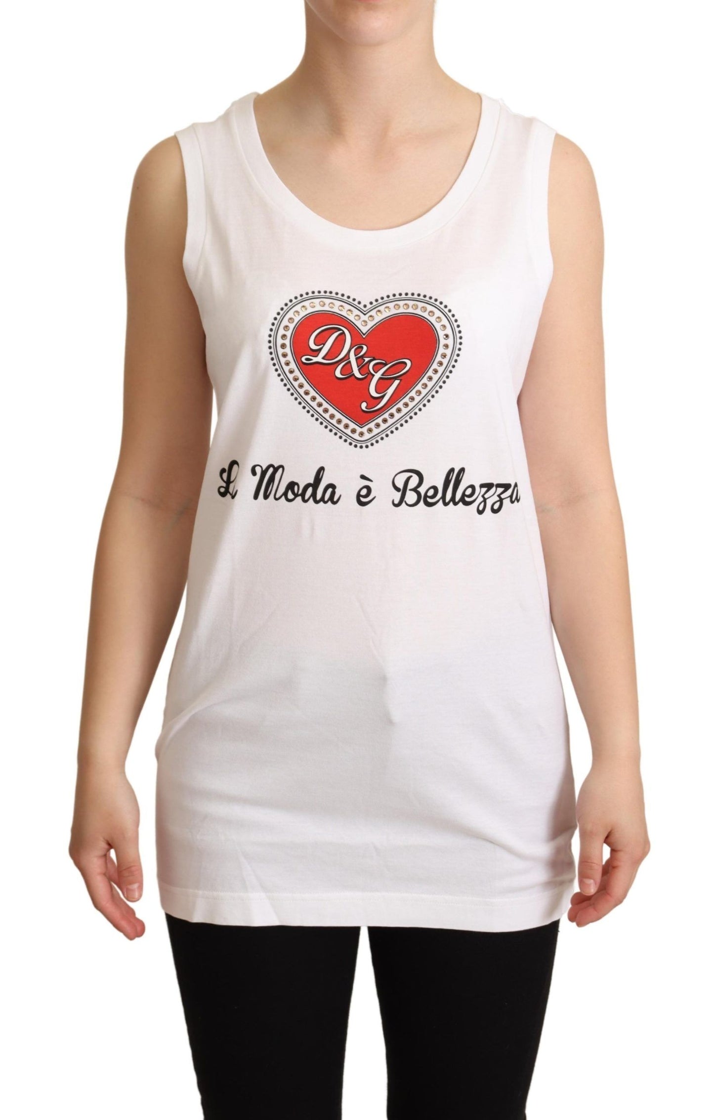 Dolce & Gabbana Crystal Embellished Heart White Sleeveless Tee Dolce & Gabbana