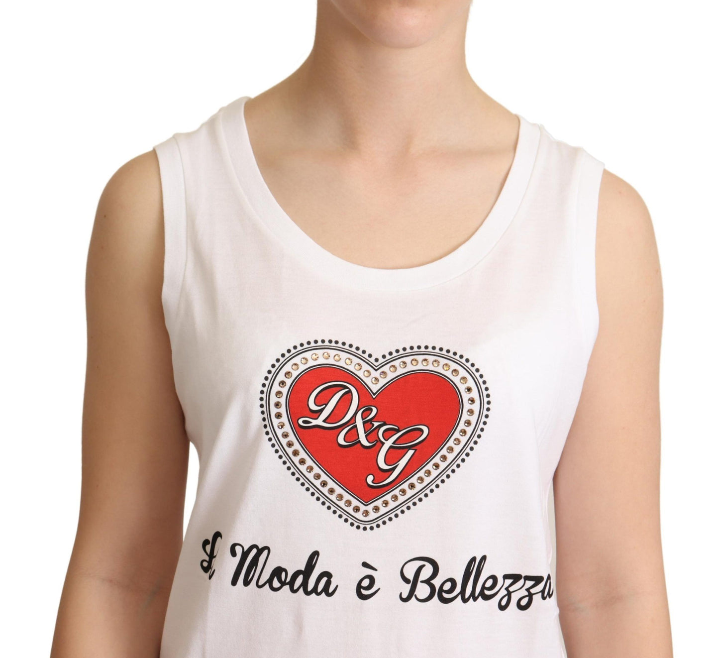 Dolce & Gabbana Crystal Embellished Heart White Sleeveless Tee Dolce & Gabbana