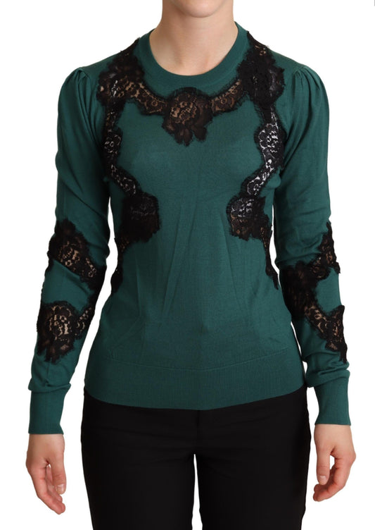 Dolce & Gabbana Elegant Green Pullover with Black Lace Detail Dolce & Gabbana