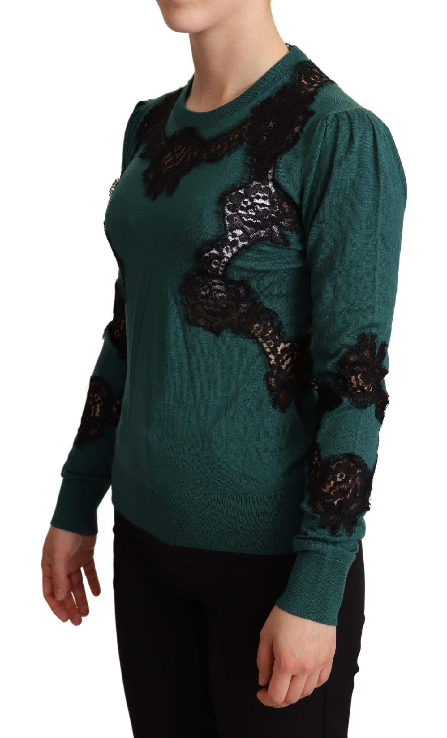 Dolce & Gabbana Elegant Green Pullover with Black Lace Detail Dolce & Gabbana