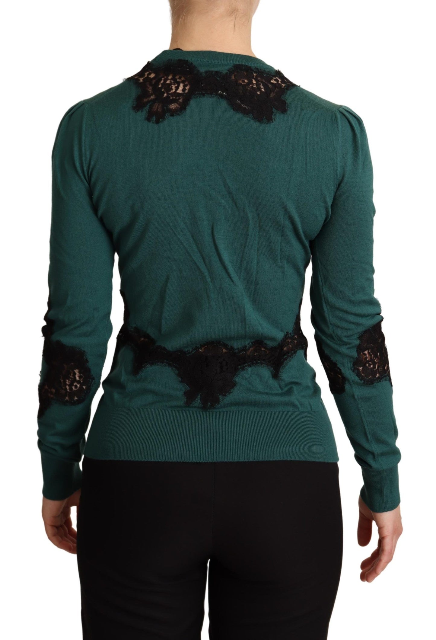 Dolce & Gabbana Elegant Green Pullover with Black Lace Detail Dolce & Gabbana