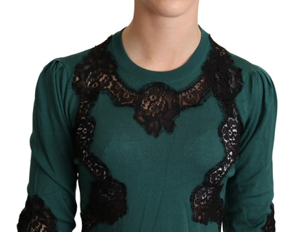 Dolce & Gabbana Elegant Green Pullover with Black Lace Detail Dolce & Gabbana