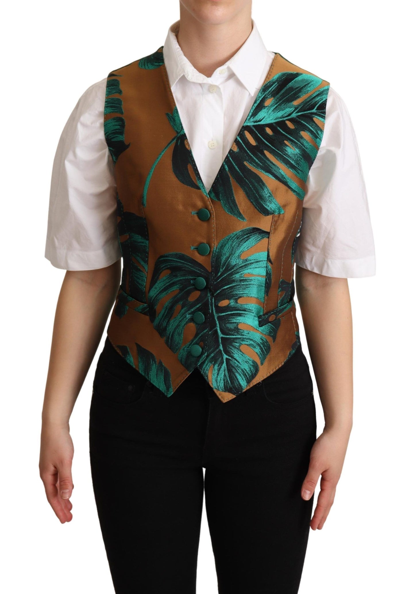 Dolce & Gabbana Elegant Green Leaf Print Waistcoat Dolce & Gabbana