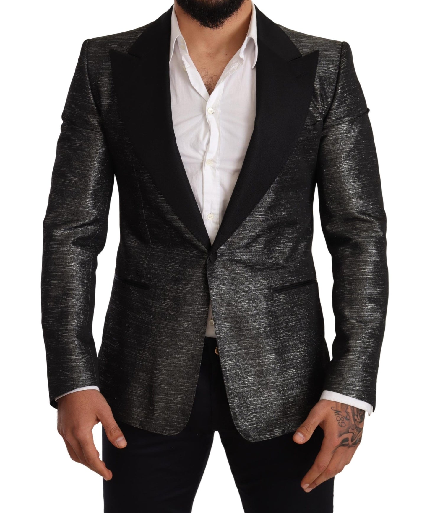 Dolce & Gabbana Metallic Gray Jacquard Slim Fit Blazer Dolce & Gabbana