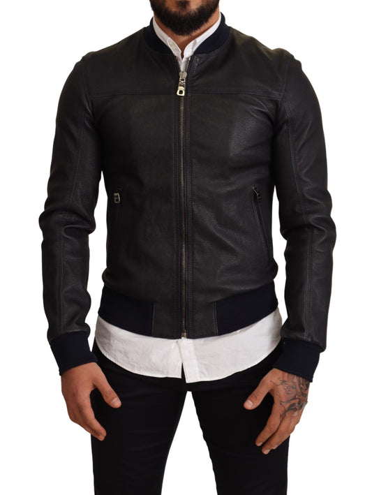 Dolce & Gabbana Elegant Leather Bomber Jacket in Dark Blue Dolce & Gabbana