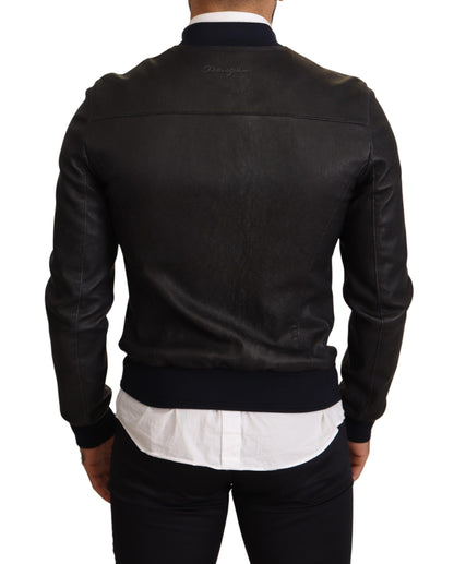 Dolce & Gabbana Elegant Leather Bomber Jacket in Dark Blue Dolce & Gabbana