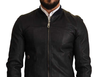 Dolce & Gabbana Elegant Leather Bomber Jacket in Dark Blue Dolce & Gabbana