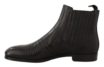 Dolce & Gabbana Elegant Black Leather Lizard Skin Derby Boots Dolce & Gabbana